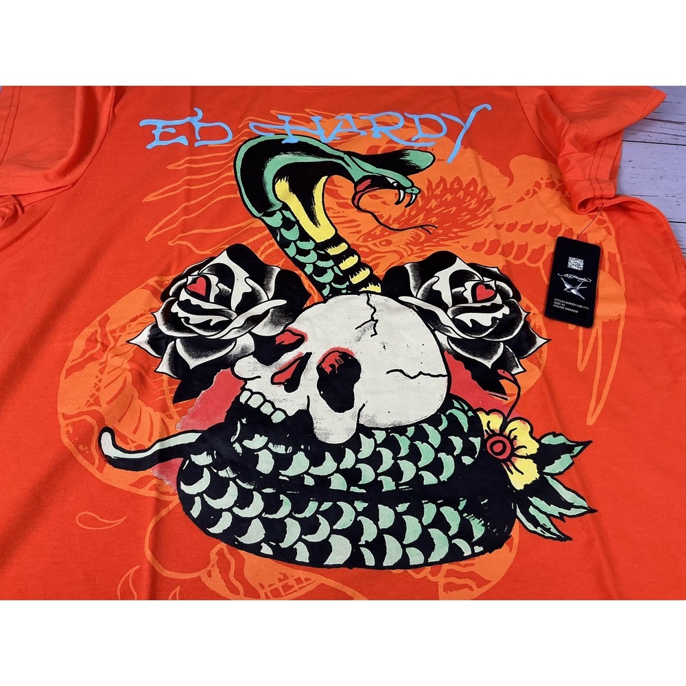 Ed Hardy Men's XL Orange Skull Snake Rose Tattoo Art T-Shirt NEW NWT - Picture 2 of 7